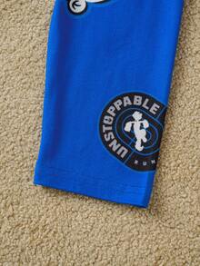 Popeye X SHEIN Bộ đồ ngủ quần dài rộng rãi thoải mái cho bé trai tuổi teen mặc áo thun tay ngắn họa tiết hoạt hình màu xanh - Xanh và trắng - Xem 5