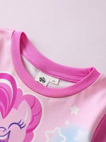 My Little Pony X SHEIN 年轻女孩梦幻甜美小马印花针织圆领荷叶边下摆睡裙，秋冬 - 粉色 - 查看 4