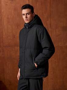 Officeau 冬季男士连帽羽绒服，拼接防风保暖休闲外套，Old Money - 黑色 - 查看 8