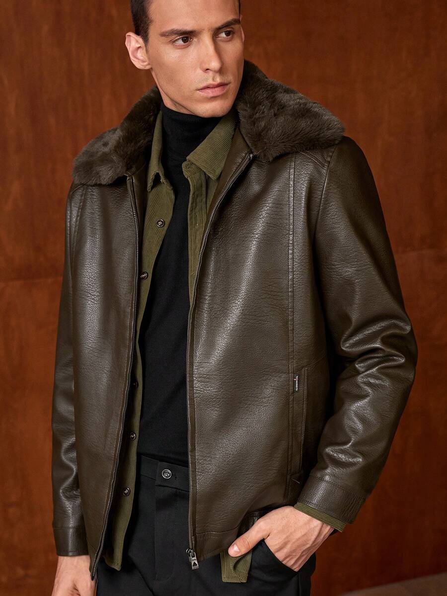 Officeau Áo khoác da cổ dày, lót giữ nhiệt, ấm áp dành cho nam giới đi xe máy, kiểu dáng đơn giản, đa năng, chống thấm nước, thích hợp cho mùa đông và mùa thu. - màu nâu - Xem 1