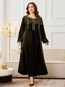 Al Najma 女士加大码长袖纯色丝绒连衣裙 - 軍綠色 - 查看 3