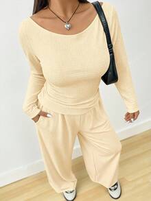 Solflare Plus Size Long Sleeve Top And Wide Leg Pants 2 Pieces Set - Apricot - View 5