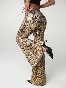 SHEIN ICON 女式 Y2K 银色佩斯利印花金属图案低腰修身喇叭裤，复古千禧性感 - 銀色 - 查看 2