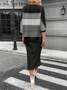 SHEIN LUNE Damski, swobodny, minimalistyczny zestaw do pracy, z okrągłym dekoltem, luźną, długą bluzką i dopasowaną spódnicą maxi, 2 sztuki, wygodny na jesień/zimę - Wielokolorowe - Zobacz 2