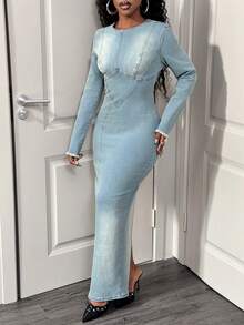 Slaydiva Women's Round Neck Long Sleeve Fitted Casual Denim Dress Long Sleeve Blue Dress Curve Jean Dress Long Bodycon Dress Light Blue Dress Curve Birthday Women Outfits Thanksgiving Women Outfit Fall Dresses Christmas Clothes Party Women Dresses Elegant Women Dresses Sister Gifts New Years - Dark Wash - View 5