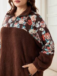 Lacomfia Casual Fuzzy Patchwork Print Zip-Up Collar Long Sleeve Loose Regular Autumn/Winter Plus Size Dress - Multicolor - View 1