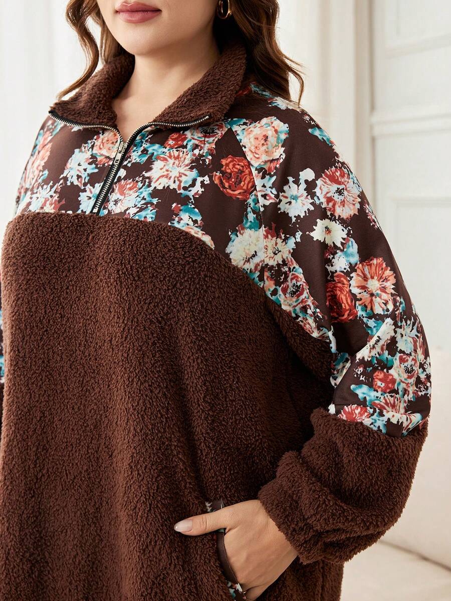 Lacomfia Casual Fuzzy Patchwork Print Zip-Up Collar Long Sleeve Loose Regular Autumn/Winter Plus Size Dress - Multicolor - View 1