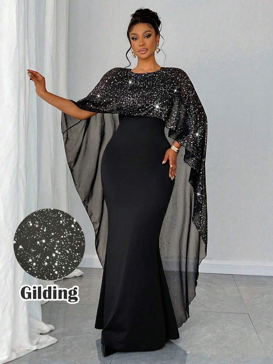 Maweii 大码优雅女式网眼亮片拼接圆领修身休闲连衣裙 - 黑色 - 查看 1