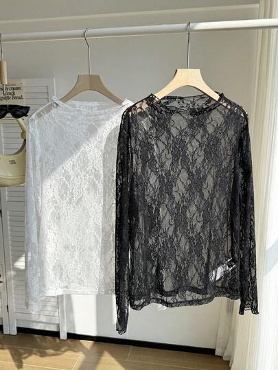 Comfortcana 2 Stücke Set Damen-Spitzen Bluse in Übergröße, Schwarz & Weiß, vielseitig, Herbst/Winter, Weihnachten, Neujahr, Thanksgiving, Party, Hochzeit, Strand, Abschlussfeier, schick, elegant, lässig, Ausgehen, Date, Termin, Pendeln, Schulanfang, Abschlussfeier, formell, sexy