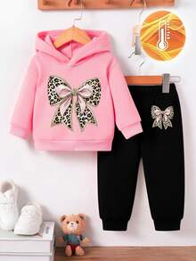 SHEIN 女婴两件套，简约豹纹蝴蝶结连帽卫衣和豹纹蝴蝶结运动裤，适合秋冬季外出穿着 - 彩色 - 查看 3