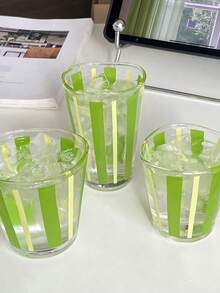 Joivida 1pc Self-Made Retro Fresh Style INS Glass Cup, Green Striped Asymmetrical Water Cup & Milk Cup, Niche And Minimalist,Christmas, Valentine's Day Ramadan Festival - Green - View 8