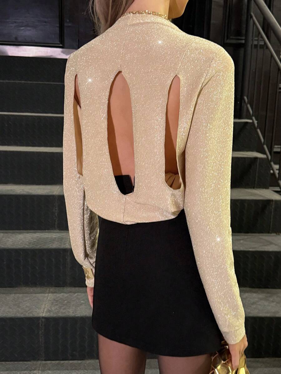 Elyressa Áo thun nữ kiểu Pháp cổ cao tay dài vải bóng kim loại thiết kế hở lưng, phong cách tiệc tùng - Vàng - Xem 1