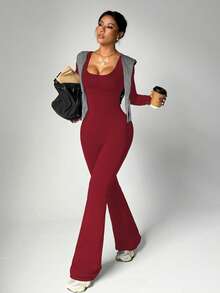 Dewbera 女式秋冬连体裤，黑色紧身 U 领长袖，交叉后背带，贴身前片，喇叭裤脚，适合休闲、跑步、瑜伽、健身、网球等活动 - 酒紅色 - 查看 4