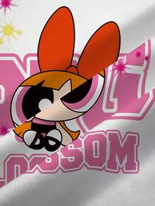 THE POWERPUFF GIRLS X SHEIN 女士休闲可爱花朵图案圆领短袖T恤，夏季 - 白色 - 查看 7