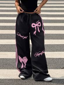 SHEIN Tween Girls' Woven Casual Street Style Bow Print Loose Straight Leg Black Pants, Back To School, Mommy And Me Matching Outfits, Y2K Summer Sweatpants - Black - View 5