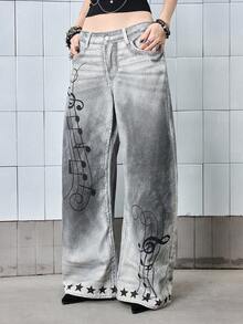 ROMWE Avant Y3K 复古做旧低腰灰色牛仔裤，女款，韩流风格，带音符印花 - 灰色 - 查看 5