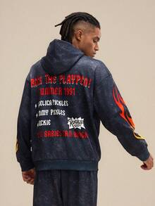 Nick 90s | SHEIN 男士休闲日常通勤时尚街头卡通字母渐变火焰印花落肩宽松连帽衫和喇叭运动裤套装，春秋季 - 黑色 - 查看 4