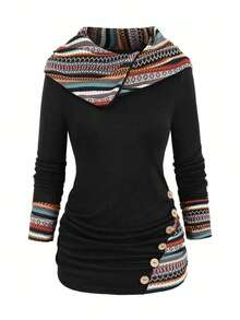 SHEIN LUNE Women's Patchwork Pleated Button T-Shirt Graphic Tees Women Tops - Black - View 4