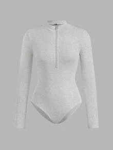SHEIN EZwear 两件套黑色花卉图案灰色女士拉链高领连体衣套装，休闲长袖 - 彩色 - 查看 10