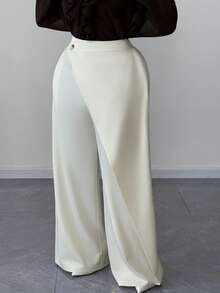 Maweii Plus Size Women's Solid Color Pocket Patchwork Design Wide Leg Loose Pants - Beige - View 4