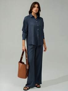 SHEIN Tall Two-Piece Women's Autumn/Winter Suit, Casual Loungewear Suit, Beach Vacation Suit - Trousers + Long-Sleeved Shirt, Elegant Suit, Music Festival Suit, Elegant Party Business Casual Suit, Tall Elegant Women's Suit, Thanksgiving Women's Suit, Dark Blue, Linen Texture, High-End, Old-Money Style, Slimming. - Blue - View 5