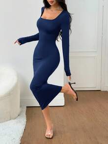 SHEIN PETITE 女士秋冬基础款针织灰色修身方领长袖连衣裙 - 藏蓝色 - 查看 8