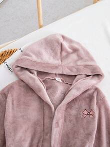 Genkimix Kids Tween Girl Elegant Lotus Pink Flannel Fabric Minimalist Embroidered Bowknot Hooded Long Sleeve Maxi Dress With Belt, Comfortable Loungewear Robe - Dusty Pink - View 3