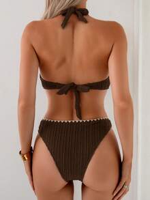 Swim Basics Spring/Summer Coffee Brown Special Fabric Gold Accessory Shell Crafted Tie-Up Backless Triangle Bikini Set, Mature Women Style - Coffee Brown - View 4