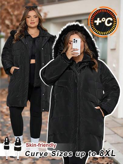 SHEIN CURVE+ Women's Plus Size Thick Padded Hooded Fleece Jacket, Winter
