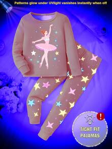一套女童睡衣，夜光芭蕾舞女孩和星星印花配套打底裤，舒适弹力针织休闲睡衣套装 - 粉色 - 查看 4