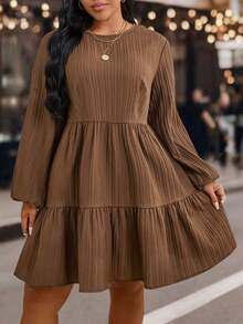 EMERY ROSE Robe mini plissée unie décontractée pour femmes grandes tailles, robe en tissu texturé, convient pour le printemps/automne - Tabac - Voir 5