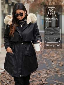 Calvaya Plus Size Drawstring Waist Fluffy Collar Hooded Parka Jacket, For Thanksgiving, Winter Clothes - Black - View 5