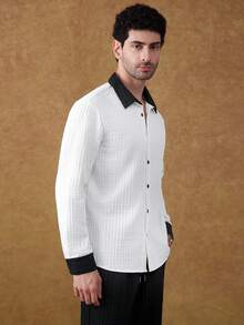 Core Aspect 男士撞色长袖单排扣衬衫和抽绳腰裤休闲套装 - 黑與白 - 查看 4