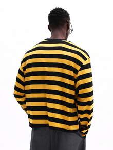 SUMWON Tricou cu mânecă lungă și dungi, guler rotund, casual, model clasic, negru, galben, cu dungi orizontale, croială regulată, pulover