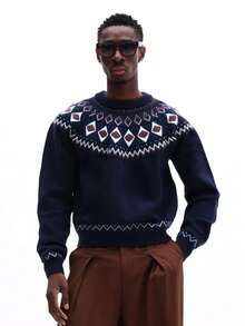 SUMWON Men Crew Neck Fair Isle Nordic Pullover Knit Sweater With Diamond Pattern Winter Holiday Casual - Navy Blue - View 2