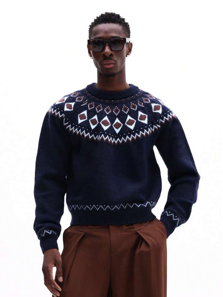 Sweter z dzianiny Fair Isle z okrągłym dekoltem i wzorem w romby