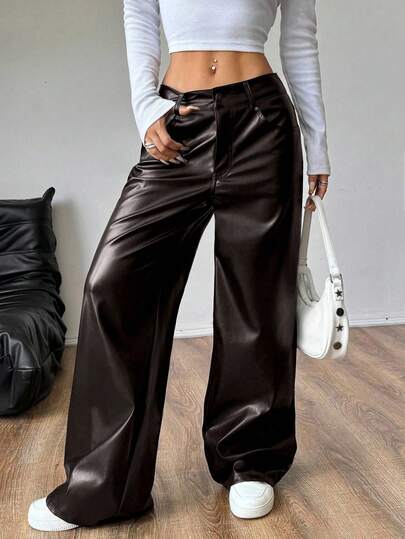 Flirla Retro Relaxed Straight PU Leather Pants, Women Slim Fit Casual Versatile Wide Leg Trousers, New Arrival 2025 Autumn/Winter