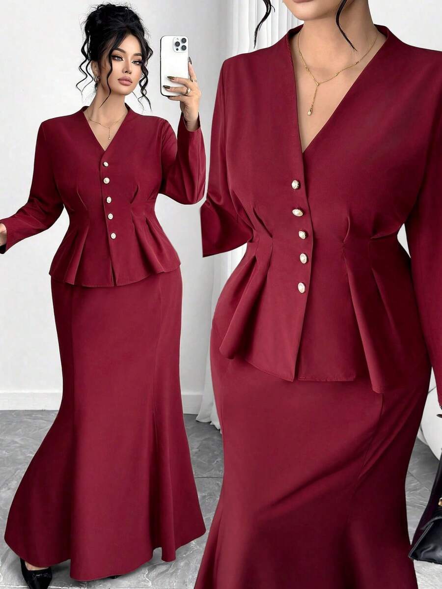 Elenzga 大码女式两件套收腰喇叭鱼尾裙优雅淑女套装，休闲两件套新款收腰 A 字型纽扣衬衫和裙子，适合返校、毕业典礼、情人节、音乐节、母亲节、万圣节、感恩节、复活节、国庆节、联欢晚会、约会派对、婚礼季、户外旅行 - 酒紅色 - 查看 1