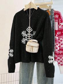 Franclia Áo len hình bông tuyết Giáng sinh mới phổ biến, Áo len dệt kim rộng rãi thời trang dành cho nữ, Thu/Đông - màu đen - Xem 7