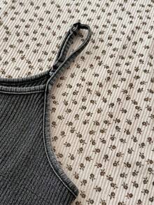 SHEIN Teen Girls Black Ribbed Knit Acid-Washed Letter Bodysuit, Loose Drawstring Sweatpants Two Pieces Set, Casual Streetwear - Black - View 3