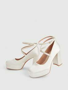 CUCCOO LuxiPop 女士厚底派对礼服高跟鞋，方头粗跟交叉绑带缎面高跟鞋，千禧风格派对约会鞋，正式厚底杏色高跟鞋 - 女士 - 完美适用于派对和婚礼 - 时尚爱好者的理想礼物，感恩节特惠，适合情人节、圣诞节派对 - 杏色 - 查看 5