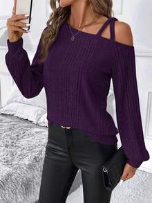 SHEIN Clasi Clasi 女士加厚磨毛罗纹不对称领T恤 - 中紫紅色 - 查看 4