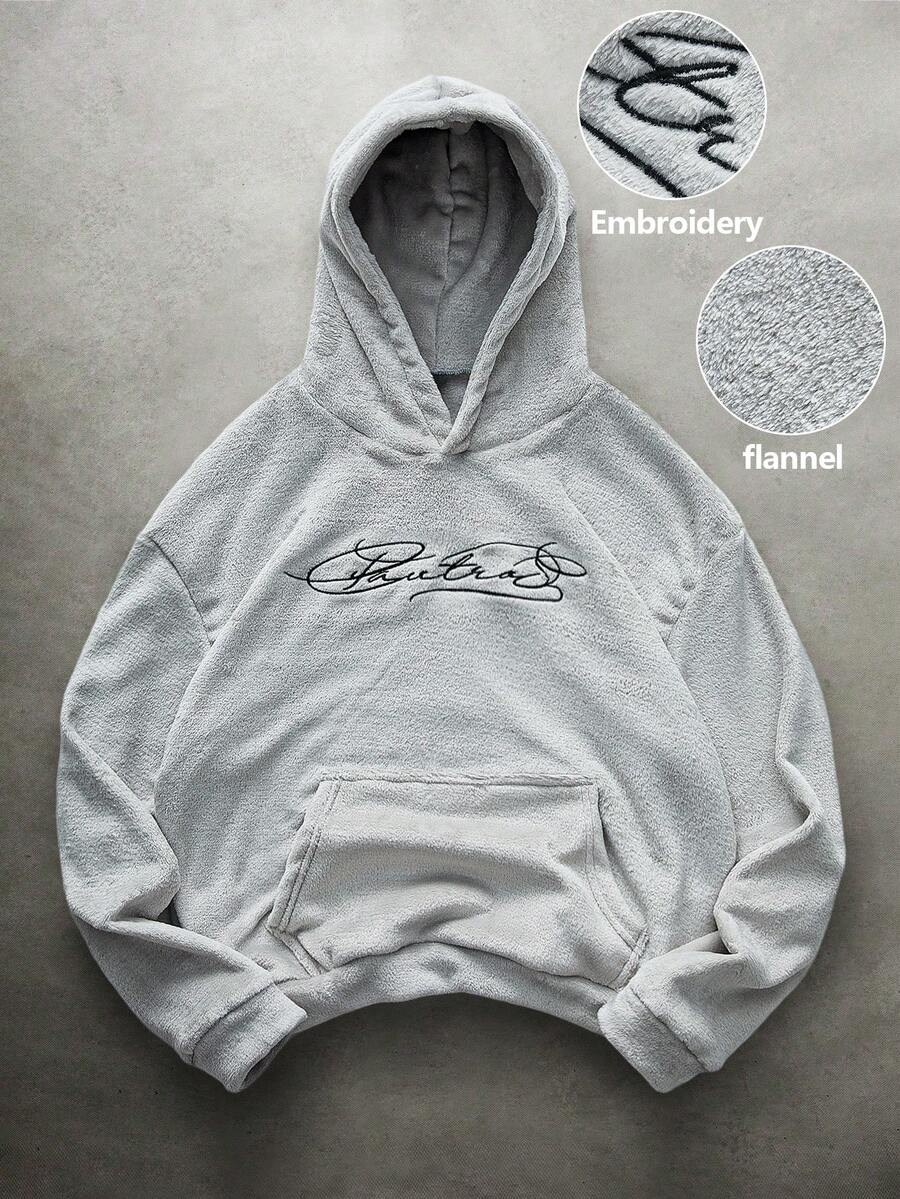 PAVTROS Sudadera con capucha gris claro de estilo callejero para hombre Manfinity Streetrush, con tela de franela, bordado 3D de texto en inglés, adecuada para festivales de música al aire libre, salidas casuales, regalo para novio/esposo, aniversario. Sudadera con capucha, manga larga, estilo callejero. - Gris Claro - Ver 1