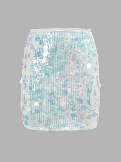 SHEIN Girlism 少女彩色亮片紧身迷你裙，适合婚礼、派对、圣诞节、秋冬季穿着。