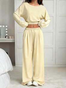 SHEIN EZwear 女士纯色不对称肩部落肩长袖短款连帽衫和抽绳腰带运动裤休闲套装 - 杏色 - 查看 6