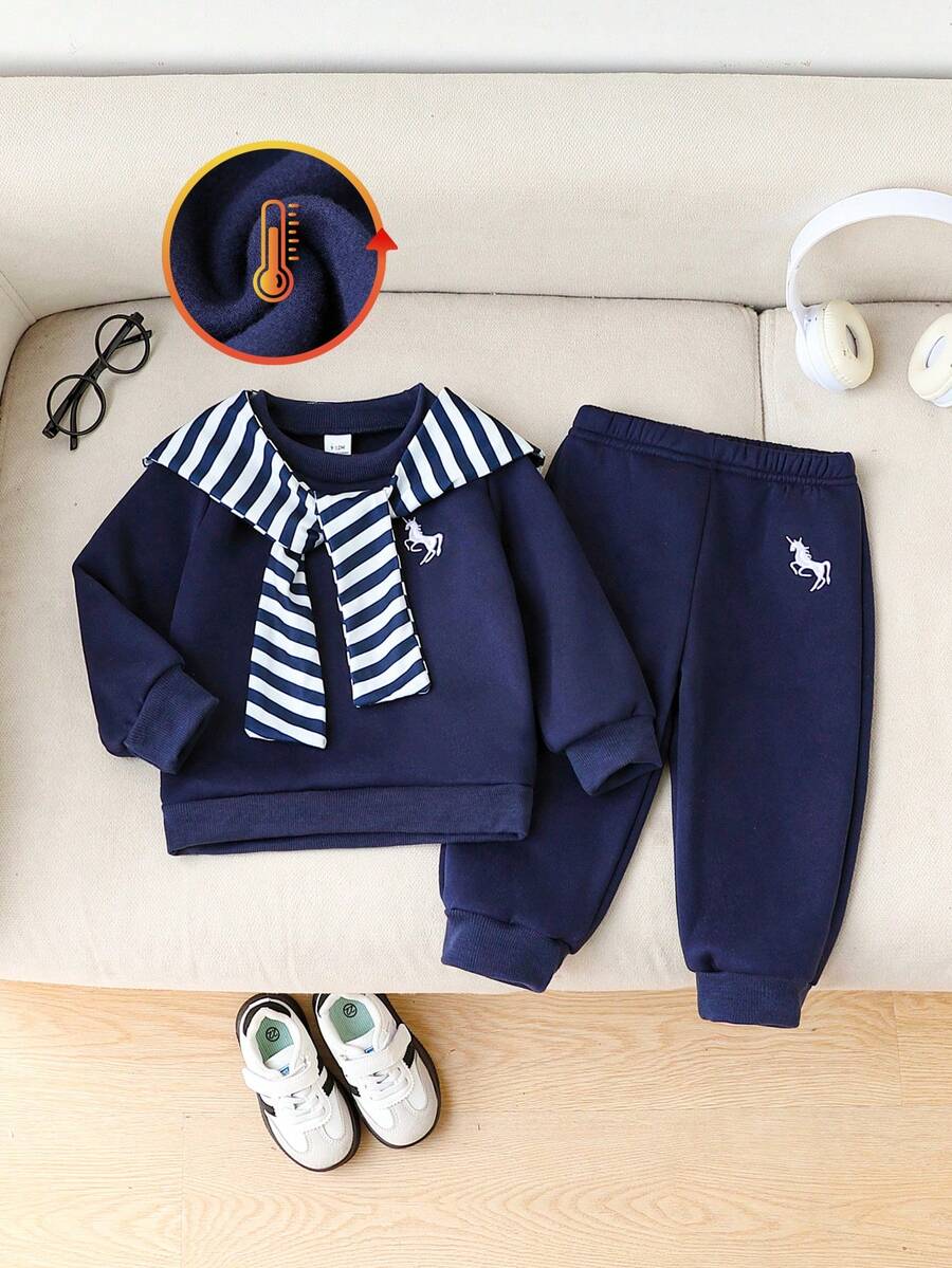 SHEIN 3pcs Baby Boy Baby Girl Unisex Infant Toddler 6M-3T Embroidered Pattern Crew Neck Thermal Lined Sweatshirt And Striped Shawl Collar Pants Set, Autumn/Winter Baby Casual Sets Baby Autumn Outfits Baby Tracksuit Baby Winter Outfits Baby Sweat Outfits Baby Boy Outfit Baby Boy Outfit Set Baby Boy Clothes Boys Outfit Sets Fall Kids Boys - Blue - View 1