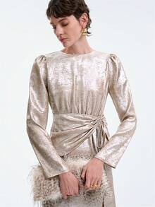 Aalyst Vestido de cola de pez súper largo, cuello redondo, manga de cordero, decoración plisada colgante, textura brillante de satén, adecuado para fiestas diarias, banquetes, alfombra roja, Halloween, Navidad, Año Nuevo, Acción de Gracias, uso para fiestas locas, fiestas nocturnas, invitados de alfombra roja, opciones de estilo de dama para primavera, otoño e invierno - Champán - Ver 7
