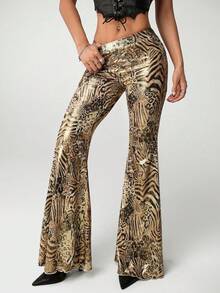 SHEIN ICON 女式 Y2K 银色佩斯利印花金属图案低腰修身喇叭裤，复古千禧性感 - 銀色 - 查看 5