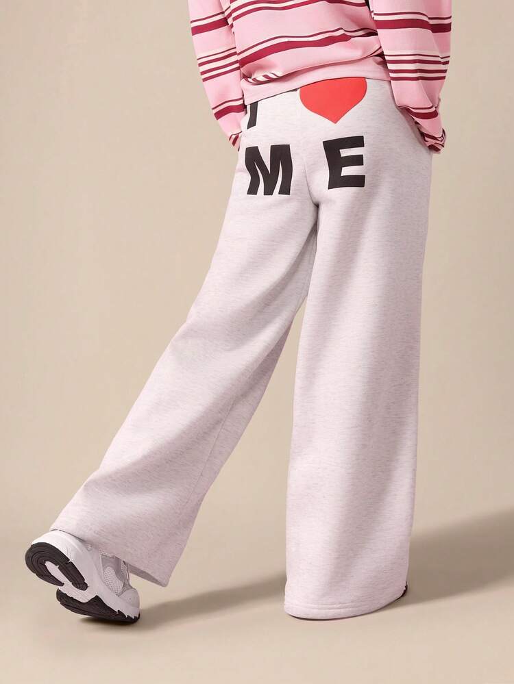 Wide Leg Sweatpants With Heart Love Me Print