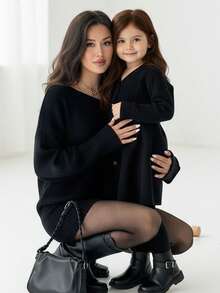 SHEIN Baby Girl Solid Color Striped Cardigan Dress - Black - View 6